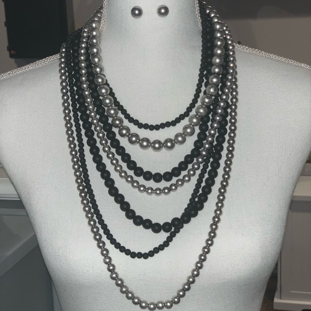 Black & Silver Beaded Necklace & Earring Set